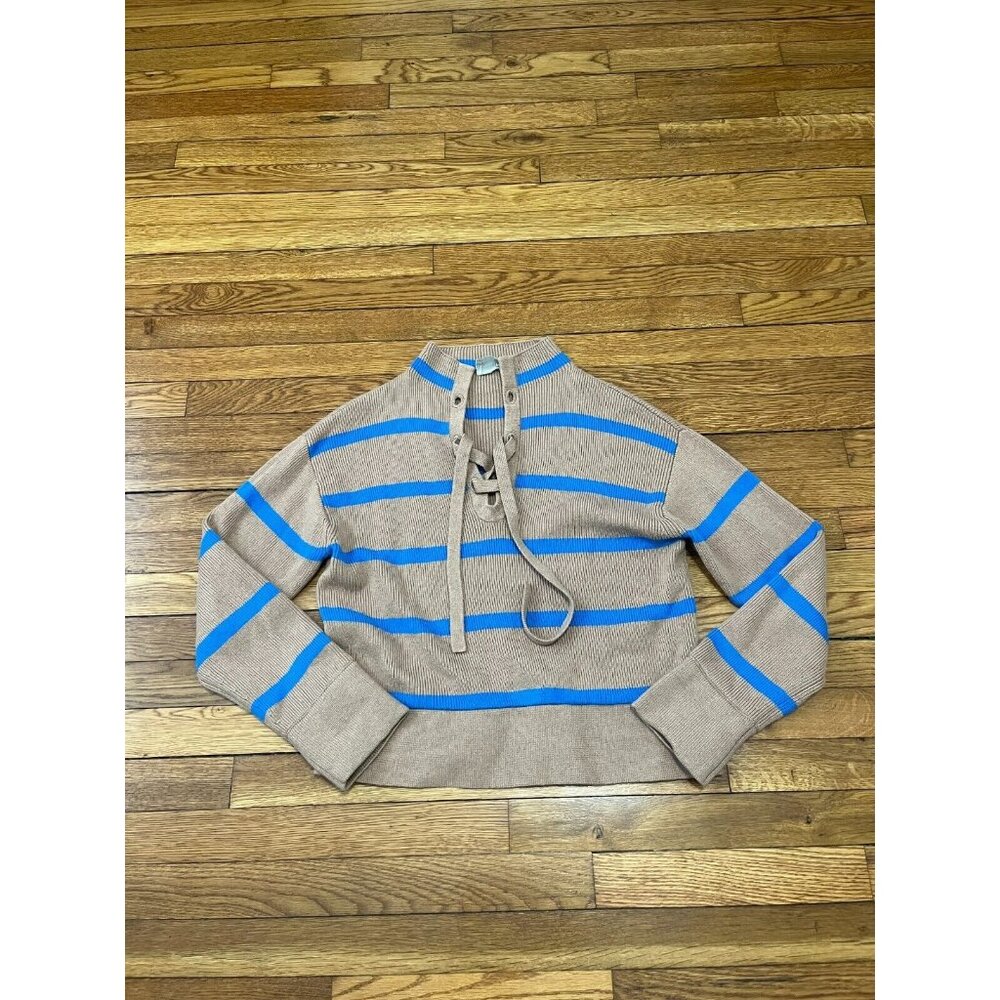 Everlane Beige and Blue Striped Lace-Up Crewneck Sweater